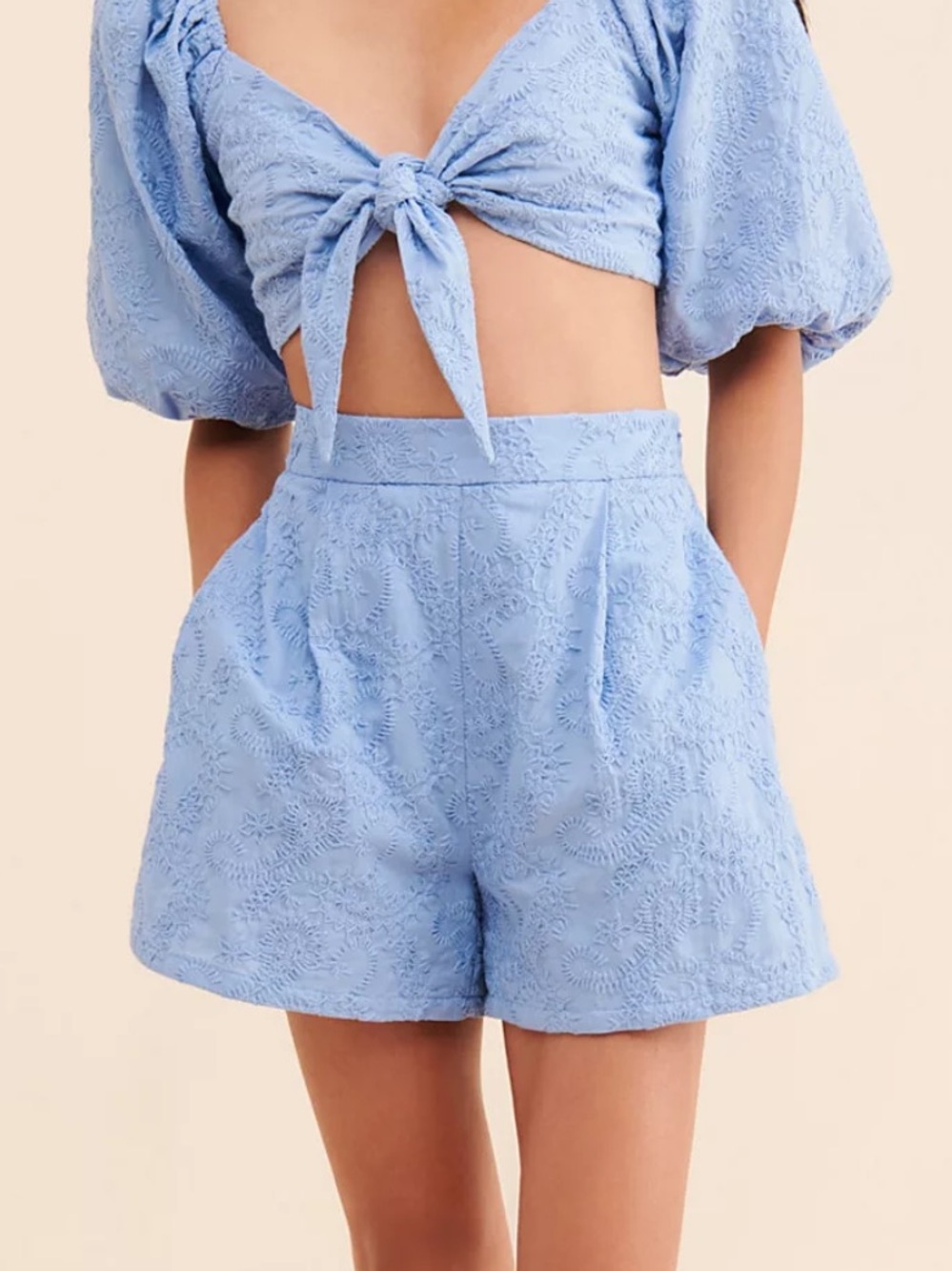 MINKPINK Light Blue Cotton Embroidered Geneva Shorts Size Large